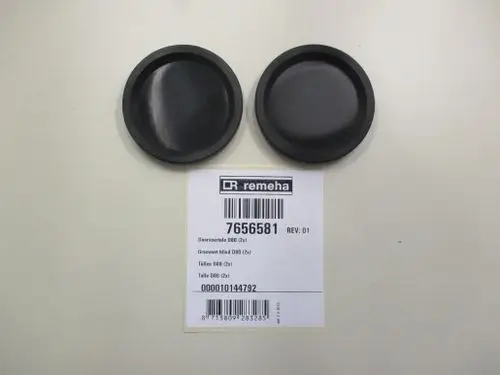 Zwei schwarze Gummistopfen auf einem hellen Untergrund, daneben ein Etikett mit der Marke Remeha und Produktinformationen.